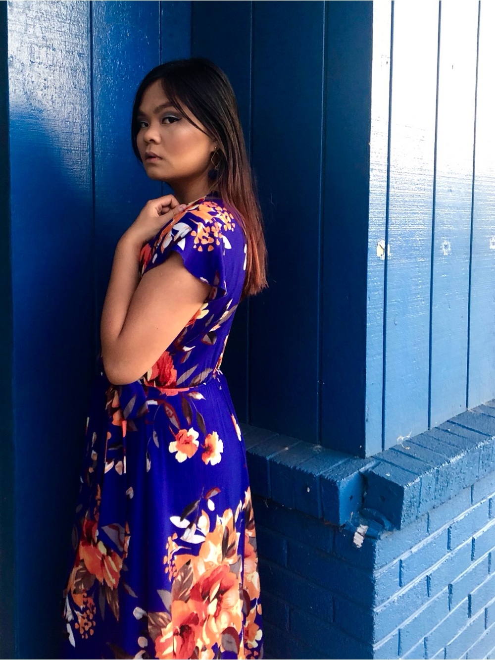 Royal Blue Floral High-Low Faux Wrap Dress